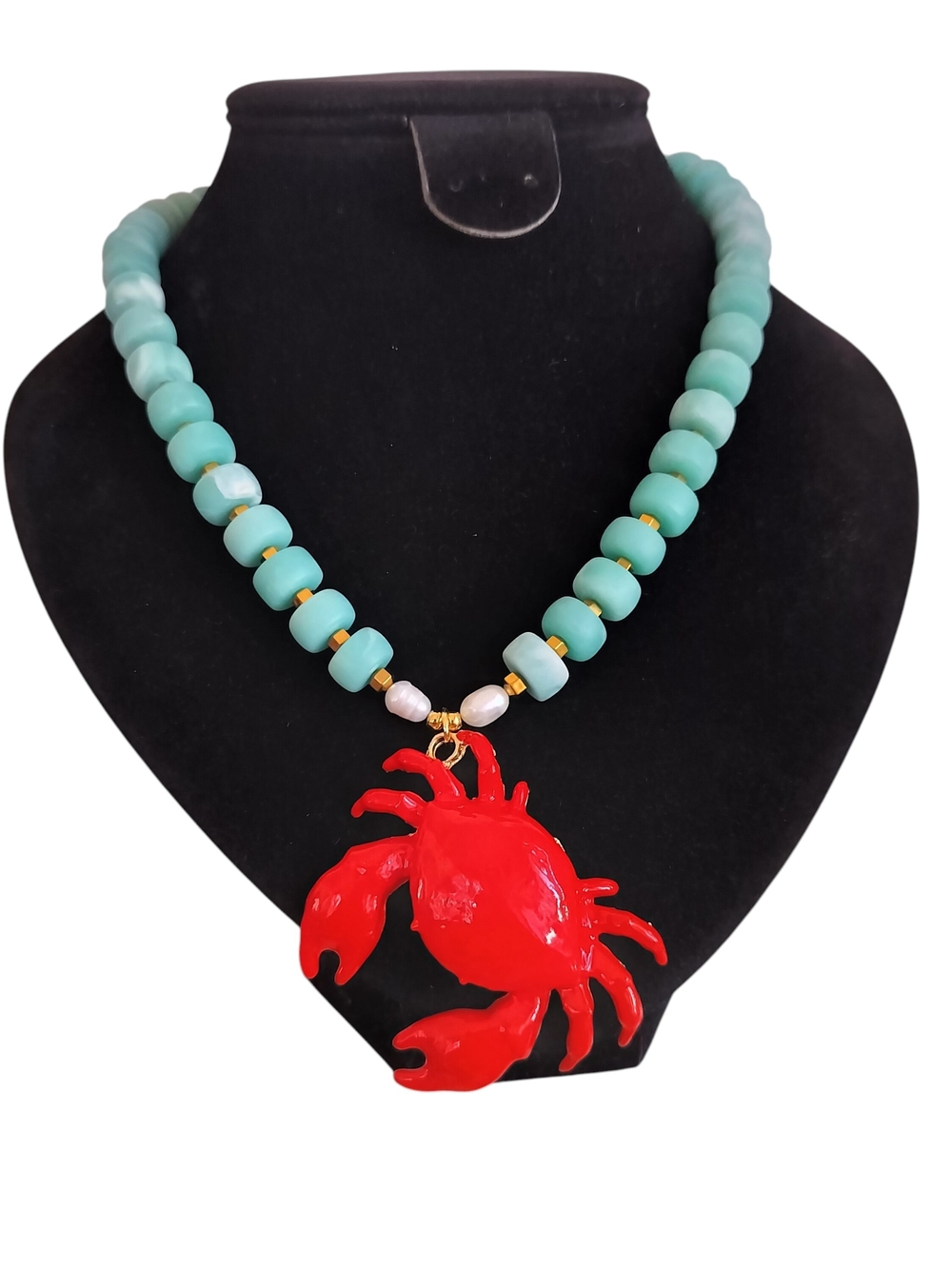 Sea Green Beaded Chocker Necklace With Red Crab Pendant